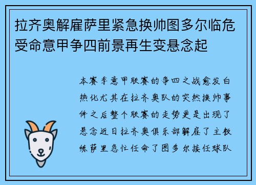 拉齐奥解雇萨里紧急换帅图多尔临危受命意甲争四前景再生变悬念起 拉齐奥解雇萨里紧急换帅图多尔临危受命意甲争四前景再生变悬念起